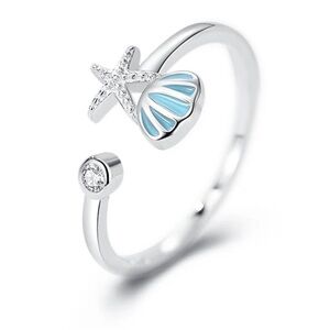 🐚Sterling Silver Nautical SeaShell Starfish Open Adjustable Rhinestone Ring